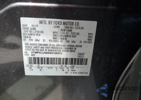 2019 Ford Edge Sel из США, поврежденный, VIN 2FMPK3J90KBC08853